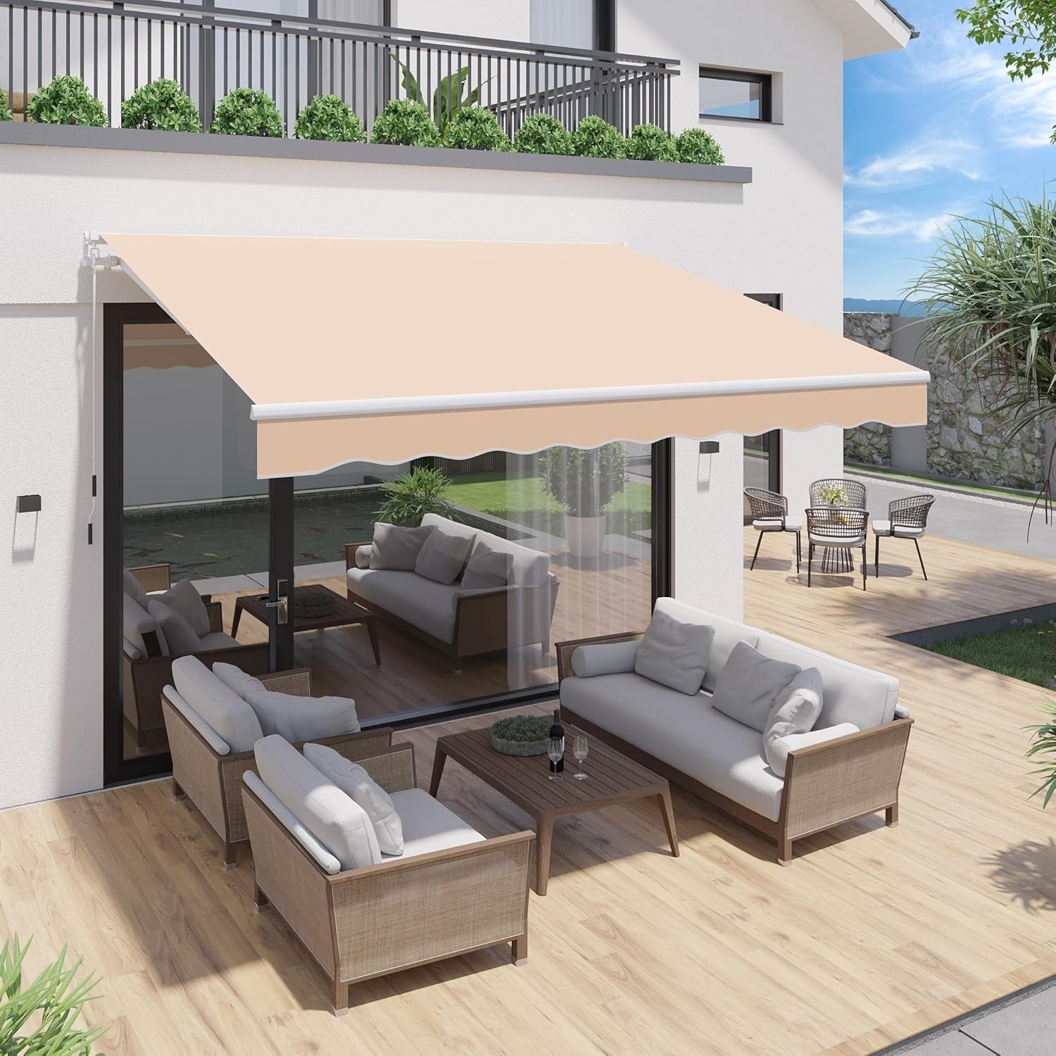 YODOLLA 10x8 retractable patio awning, beige.